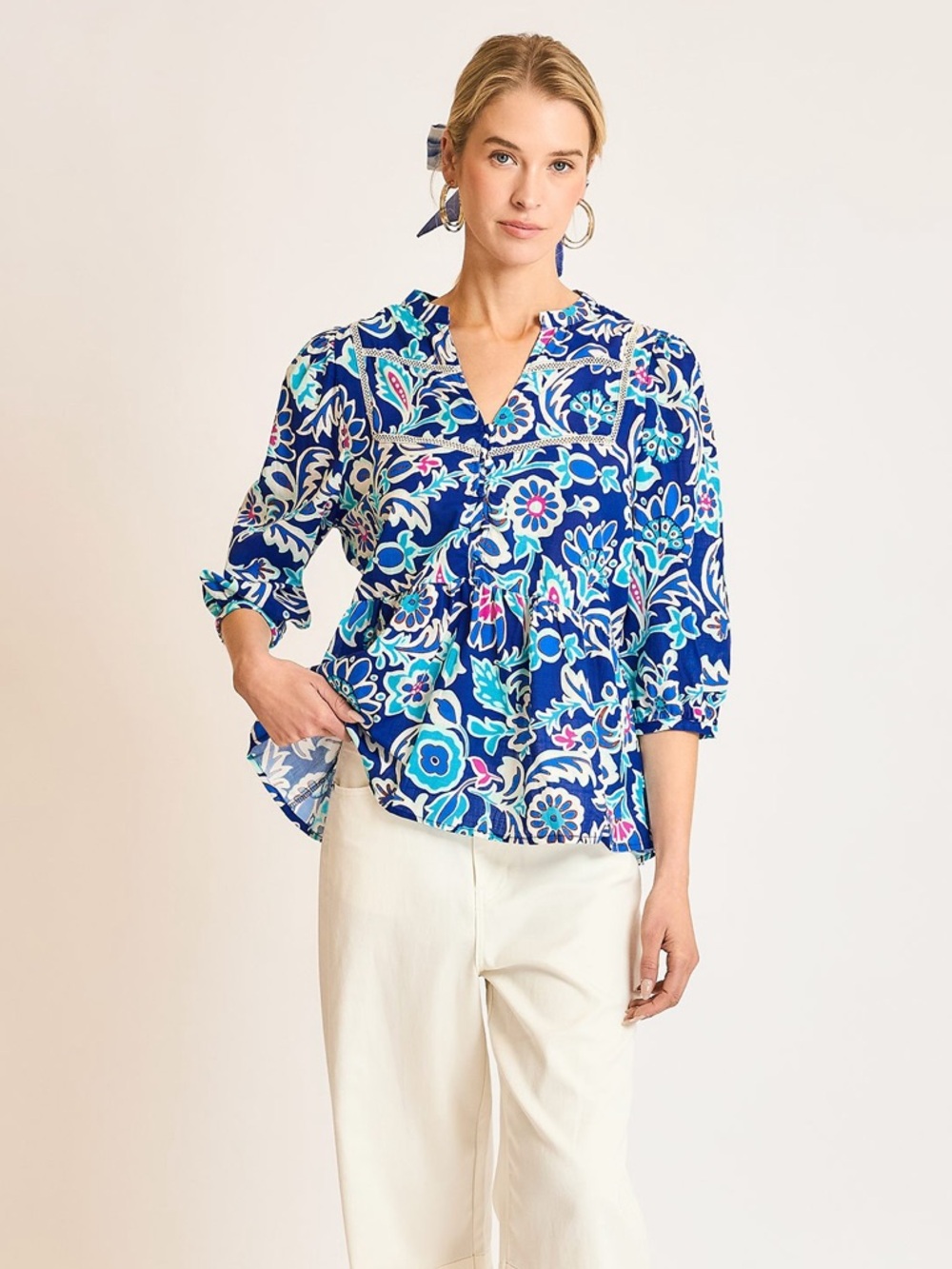 Floral Split-Neck Blouse in Blue